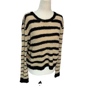 Minkpink Striped Eyelash Beige, Black Round Neck Cropped Sweater Size S